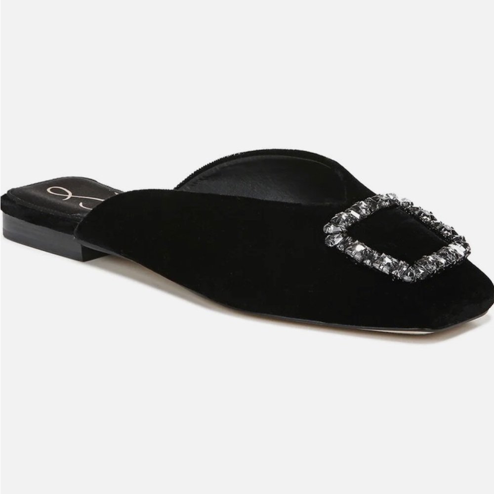 Sam Edelman Lavina Rhinestone Buckle Mule Faux Suede Black Slip-on Flat size 9